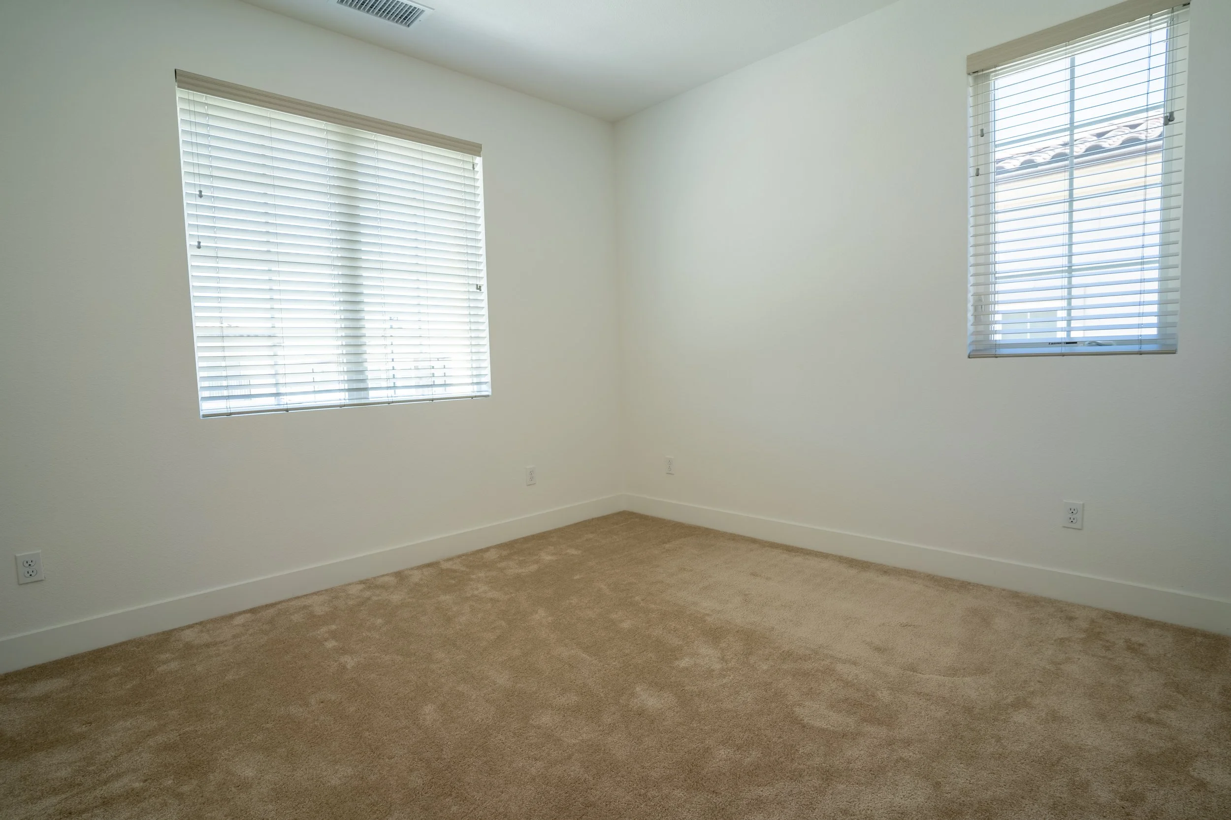Empty room with beige carpet, white walls, two windows with blinds, and electrical outlets.