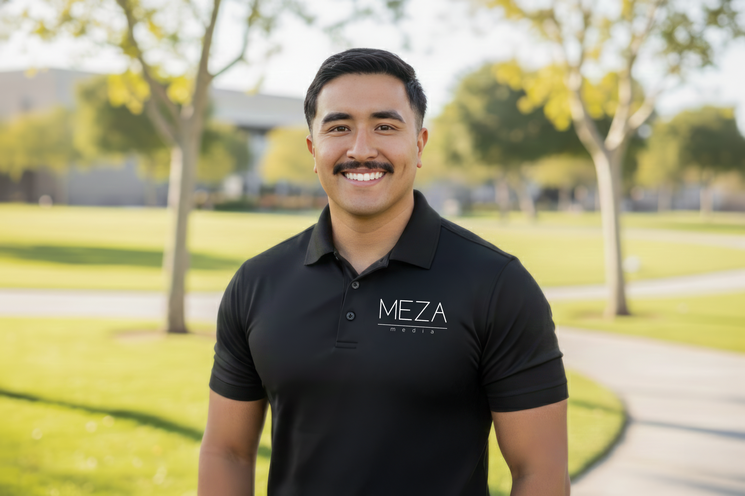 Smiling young man wearing a black polo shirt with 'MEZA media' logo standing outdoors in a park with trees and grass