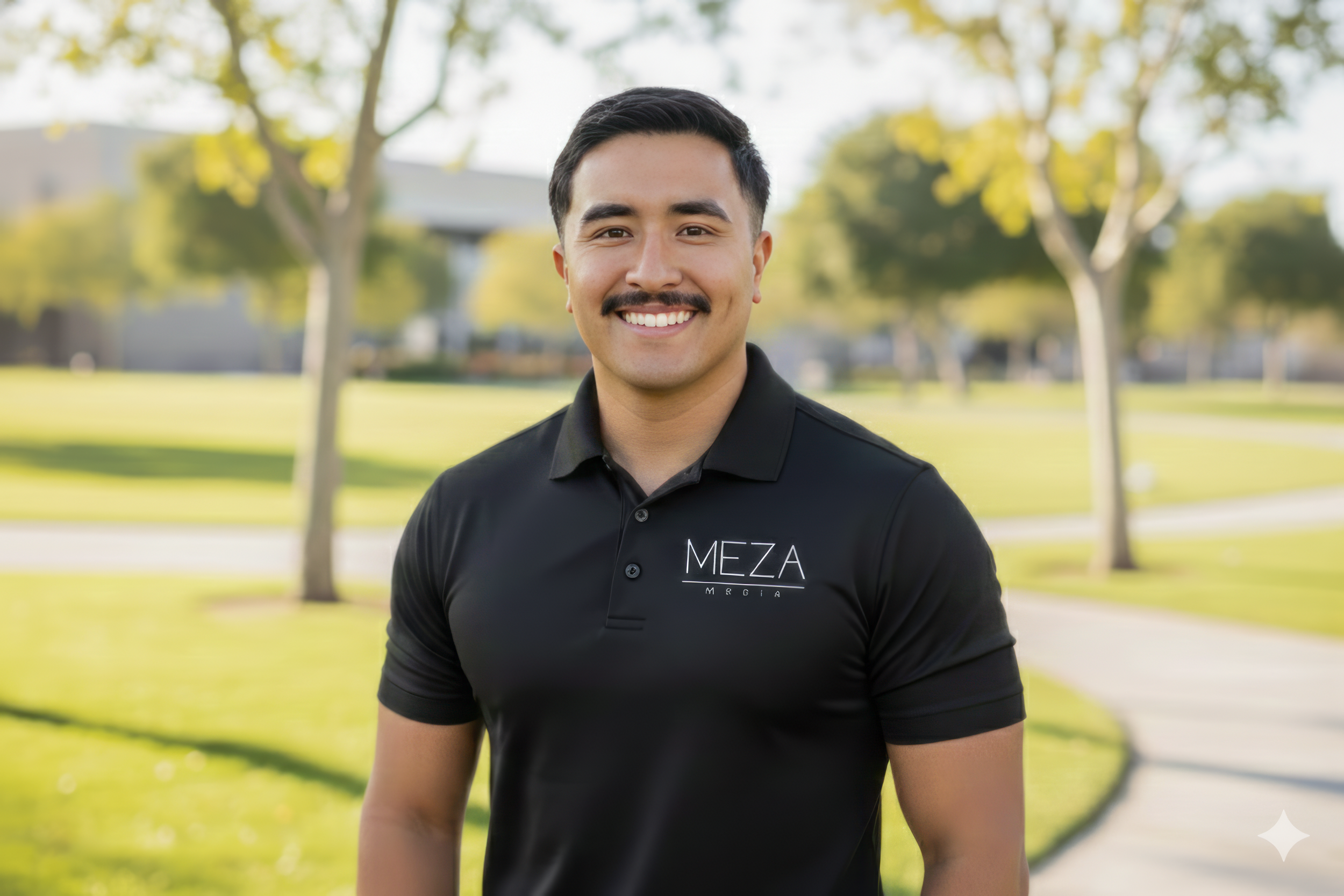 A young man with dark hair and a mustache wearing a black collared shirt with the logo 'MEZA M RGIA' standing outdoors in a park with green grass, trees, and pathways, smiling at the camera.