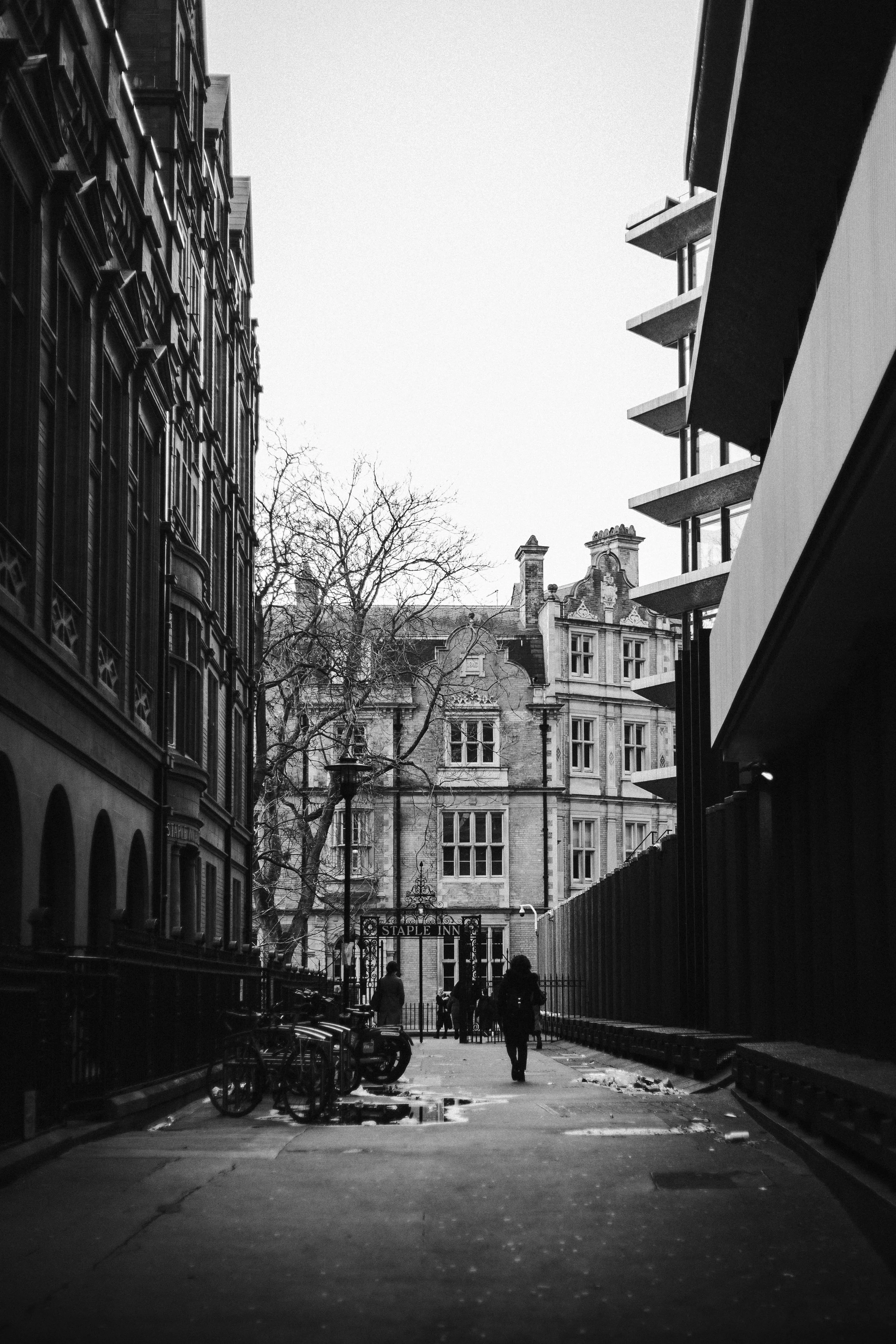 Black and white photo of a city street with old and modern buildings, benches, trees, and people walking, with a sign reading 'Staple Inn' in the background.