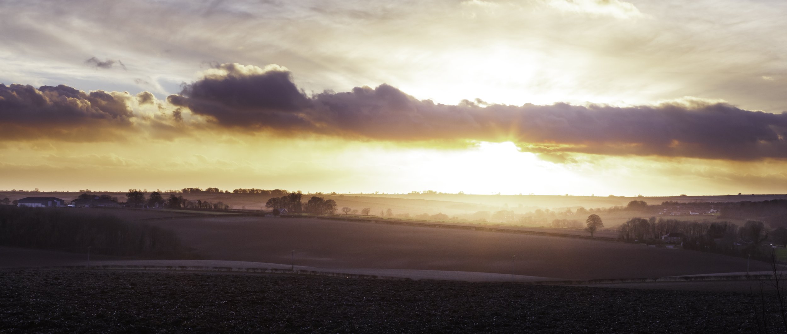 Scenic view of a rural landscape during sunset with clouds in the sky, open fields, trees, and distant buildings.