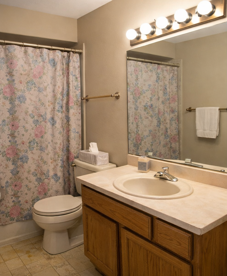 Before bathroom remodel in Salt Lake City Utah with outdated vanity and shower