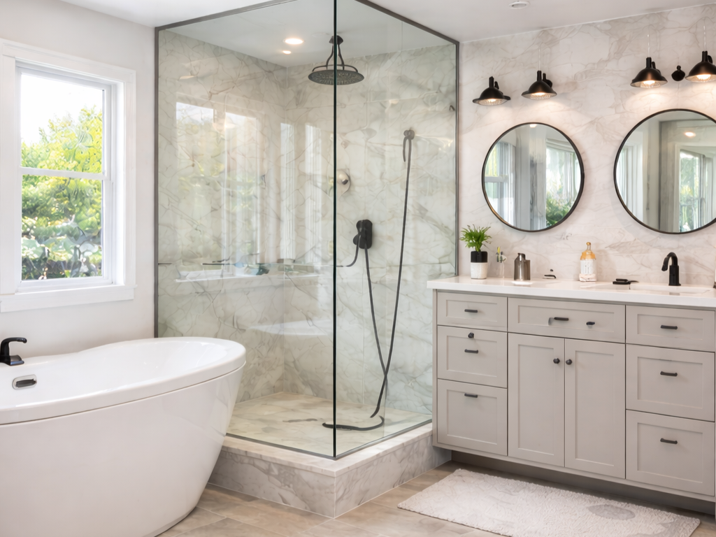 Bathroom remodeling project with new vanity, tile flooring, and updated fixtures