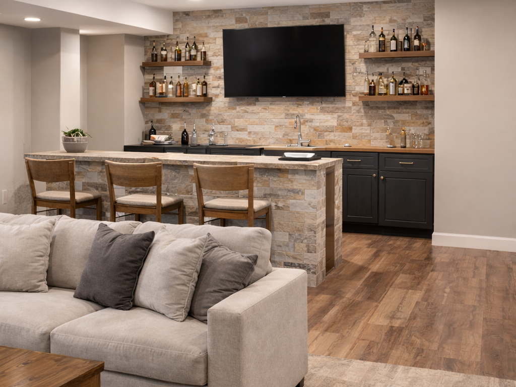 Finished basement remodel with custom bar and seating in Salt Lake City Utah