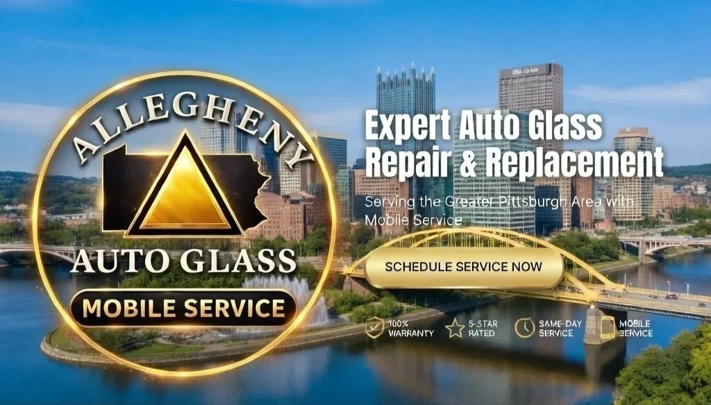 Advertisement for Allegheny Auto Glass featuring a city skyline with a river, bridges, and mounted text promoting expert auto glass repair and replacement, mobile service, scheduling, and warranty.