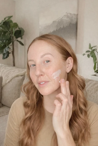 A woman with long red hair applying lotion or cream to her face in a living room with plants and wall art in the background.