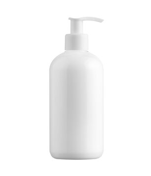 White plastic pump bottle against a white background.