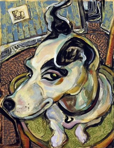 "Millie on Chair"  18" x 14" Mixed media on canvas