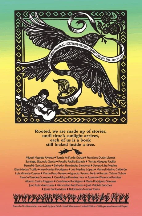 Silk-screened Poster/Linocut by Jane Oriel. Poem by Tim Z. Hernandez. See story below.