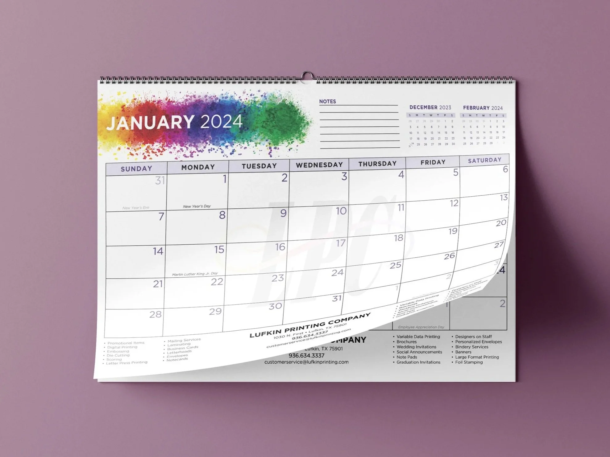 Annual Calendar for Lufkin Printing Company, 2023