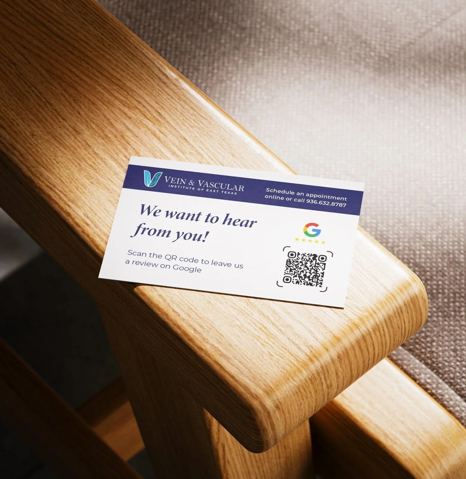 Review business card for the Vein and Vascular Institute of East Texas, 2026.