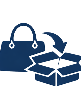 Outline of a handbag and an open box with an arrow pointing into it, indicating online shopping or delivery.