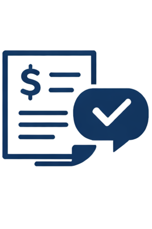 Icon of a receipt with a dollar sign and lines of text, along with a checkmark inside a circle, representing financial approval or confirmation.