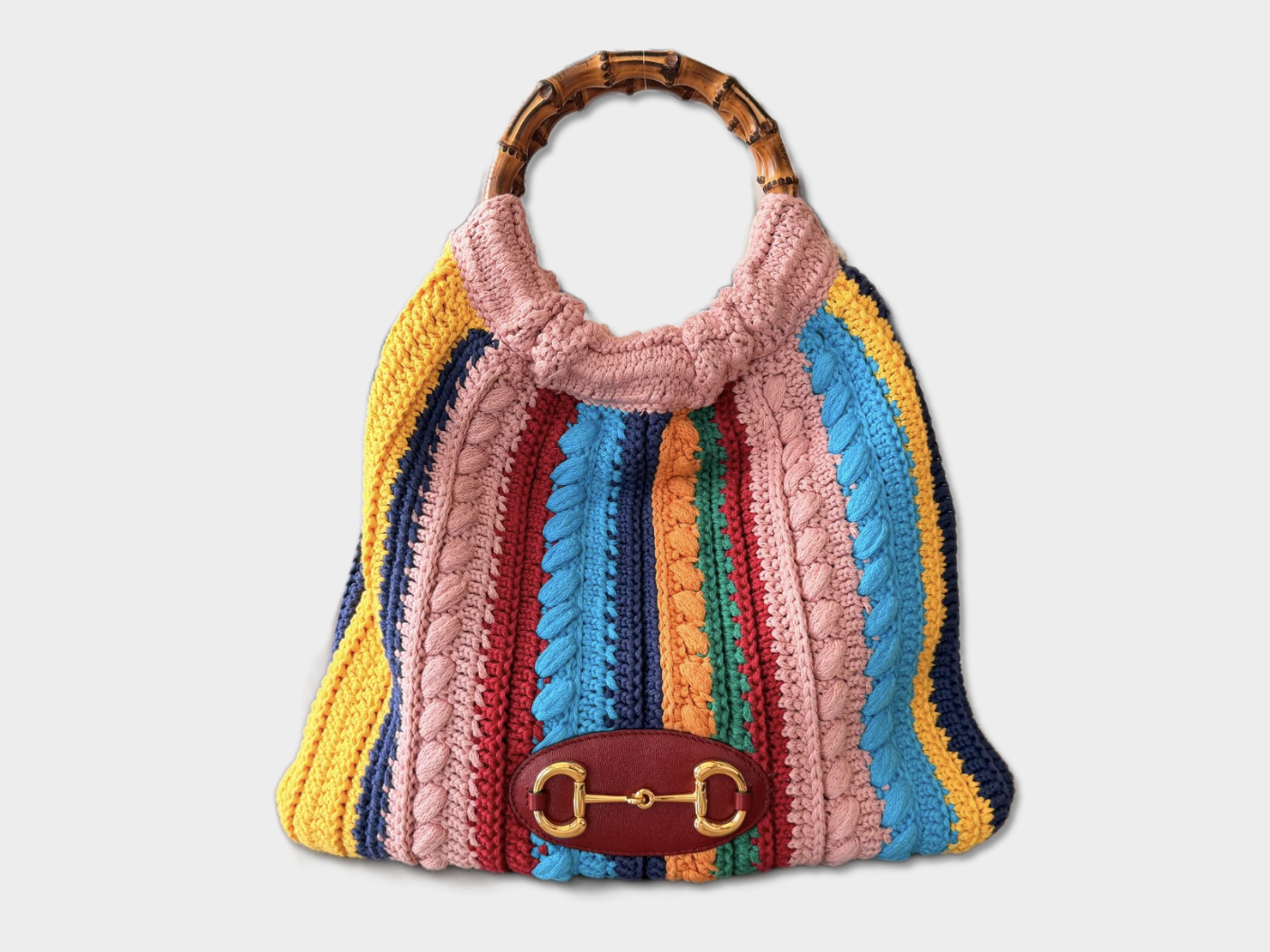 Gucci Horsebit 1955 Multicolor Rainbow Crochet Bamboo Tote Bag