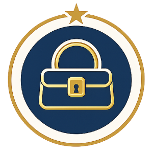 Icon of a handbag with a keyhole, surrounded by a circular border with a star on top.