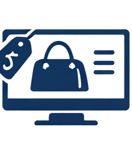 A computer screen showing an online shopping website with a handbag and shopping cart icon.