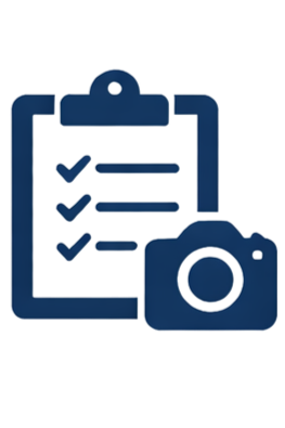 Clipboard with checkmarks, a pen, and a gear icon, representing settings or configuration.