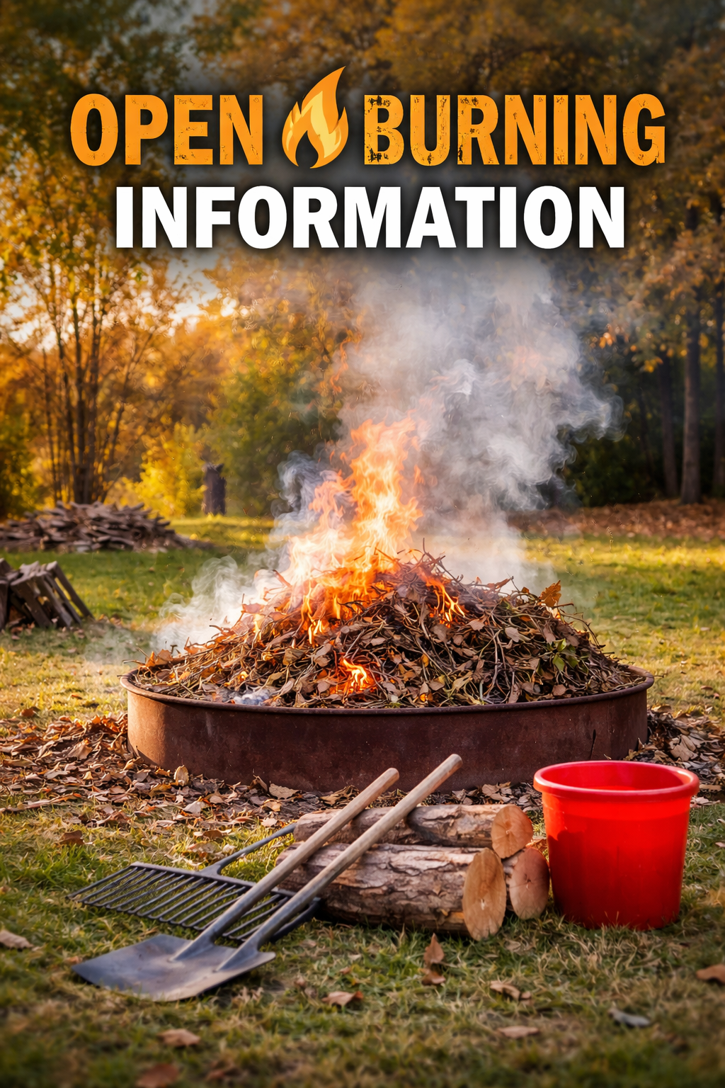 A large outdoor fire in a metal ring with burning leaves, surrounded by tools and logs, in a grassy area with trees in the background, with a message about open burning information.
