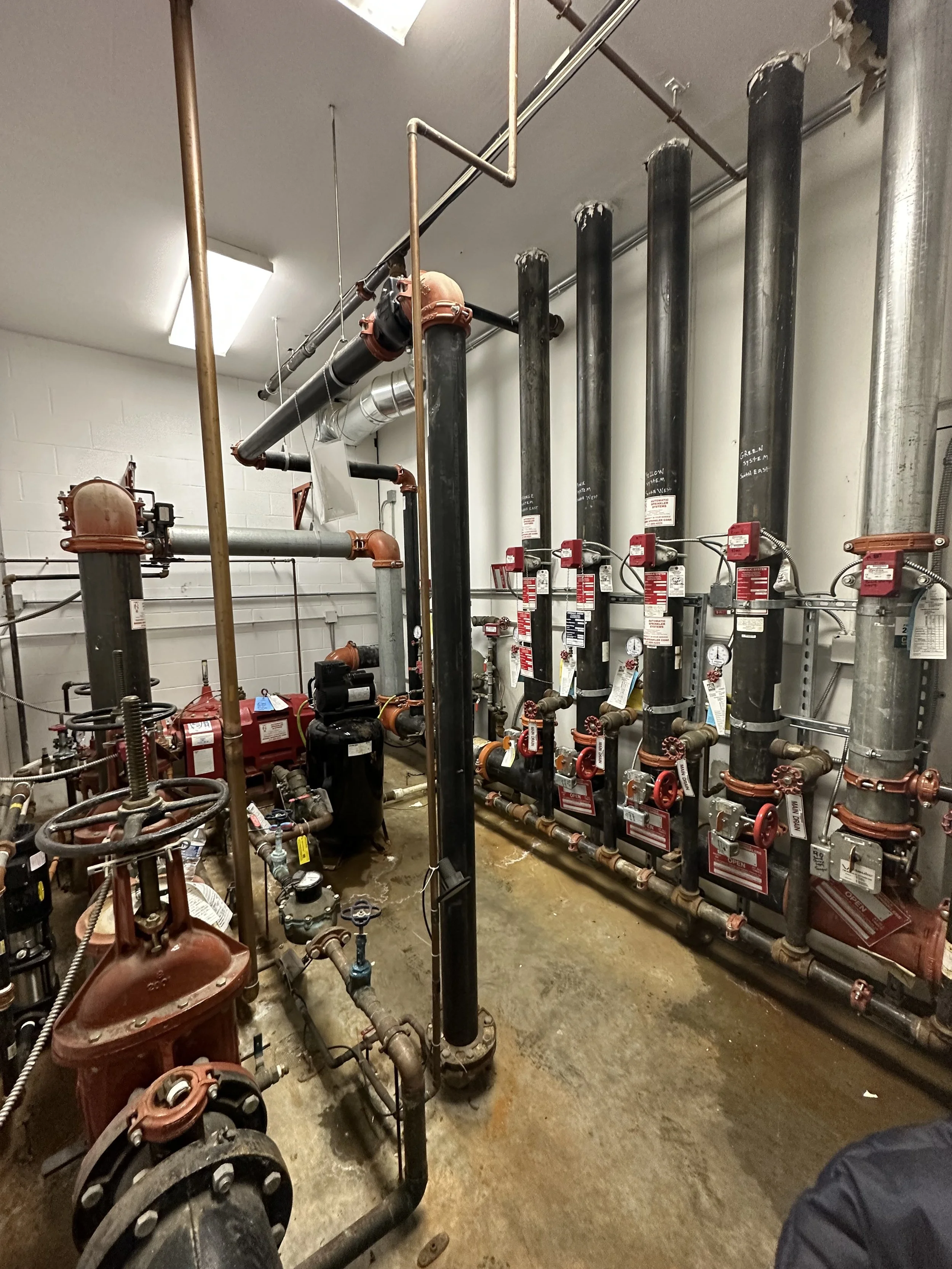A utility room with multiple pipes, valves, and machinery, including vertical black pipes with labels, a red pump, and various fittings and gauges.