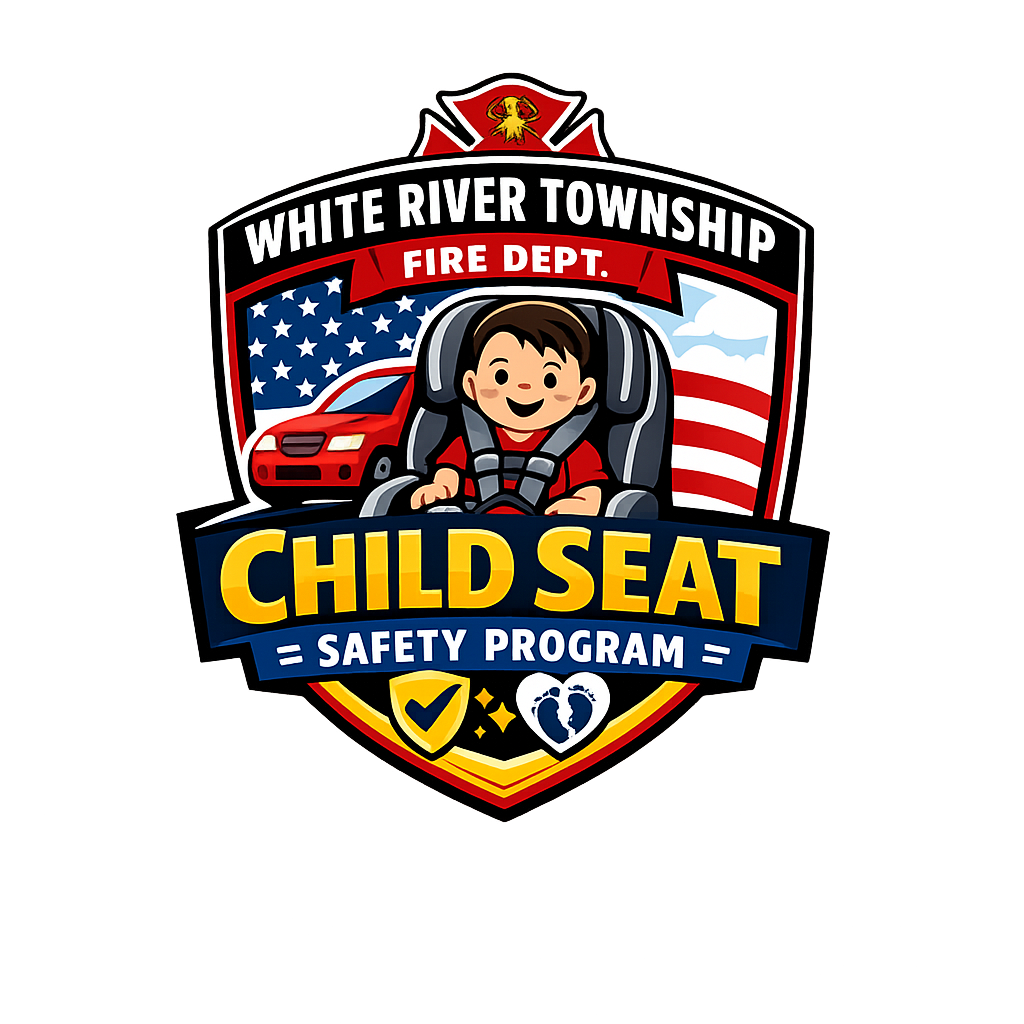 Child in a car seat with a smiling face, inside a badge for the White River Township Fire Department Child Seat Safety Program, featuring a red car, American flag, and safety symbols.