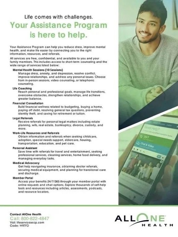 A flyer for AllOne Health assistance program detailing services such as mental health sessions, life coaching, financial consultation, legal referrals, work-life resources, personal assistant, medical advocacy, and member portal. The flyer is next to a smiling man in a green shirt, with a phone showing the application's interface.