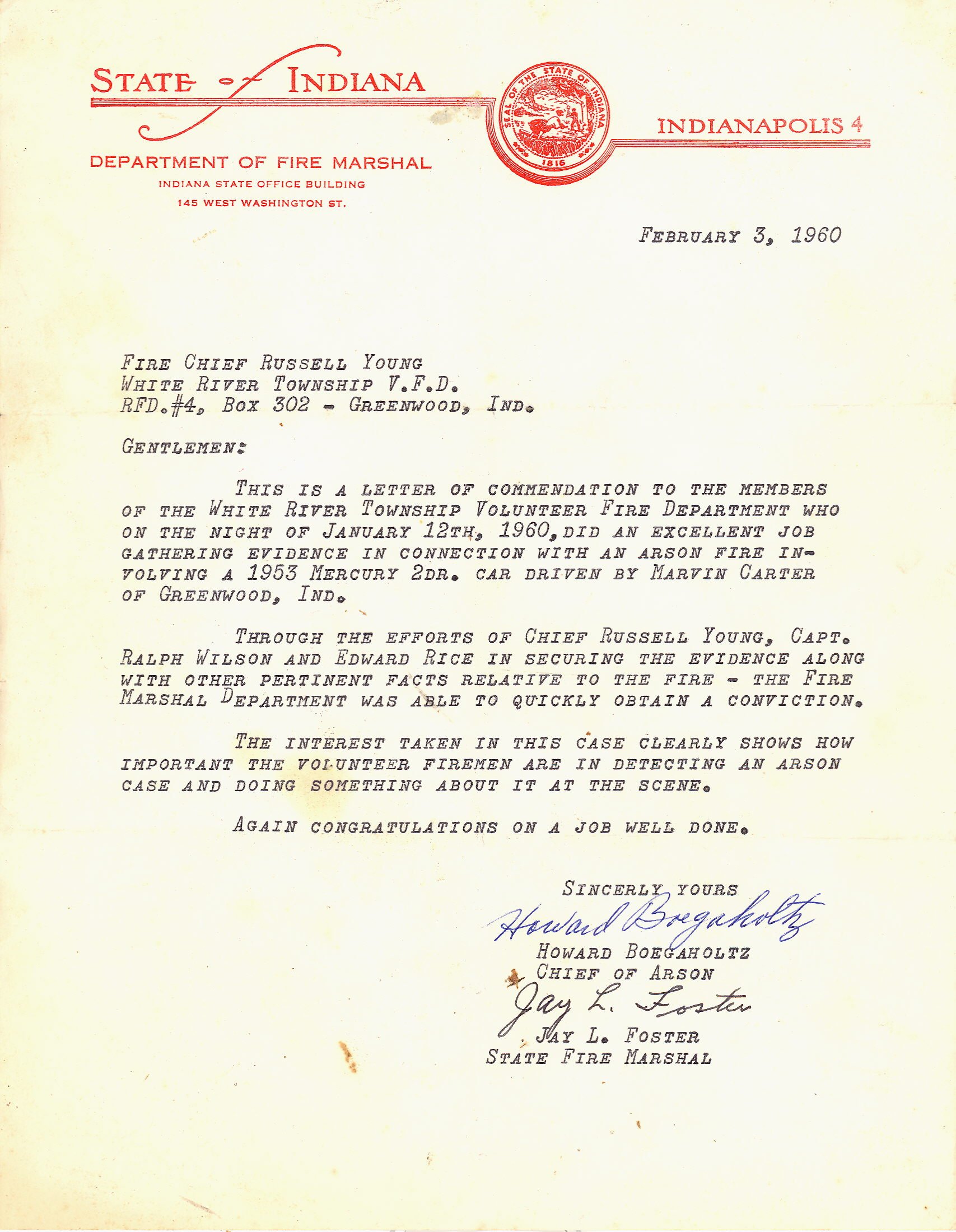 A historical letter from the Indiana State Fire Marshal's Office dated February 3, 1960, commending White River Township Volunteer Fire Department members for investigating an arson case involving a 1953 Mercury 2-door car.