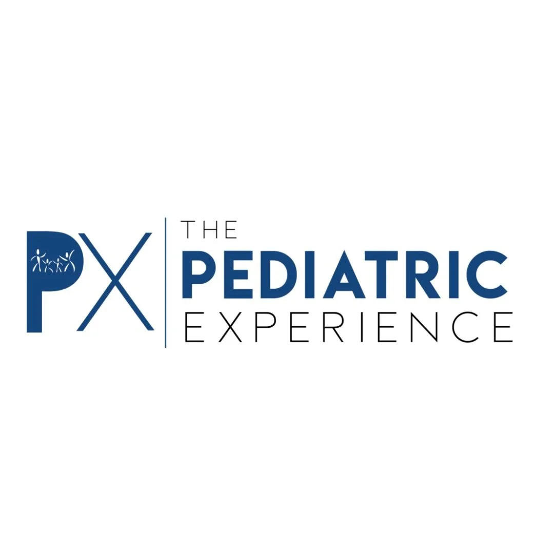 Logo for the Pediatric Experience, featuring a stylized 'PX' with illustrations of children holding hands inside the 'P', and the text 'The Pediatric Experience' in blue and black.