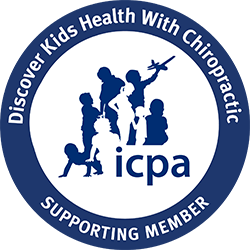 Logo for the International Chiropractic Pediatric Association showing children and a chiropractor figure, with text "Discover Kids Health with Chiropractic."