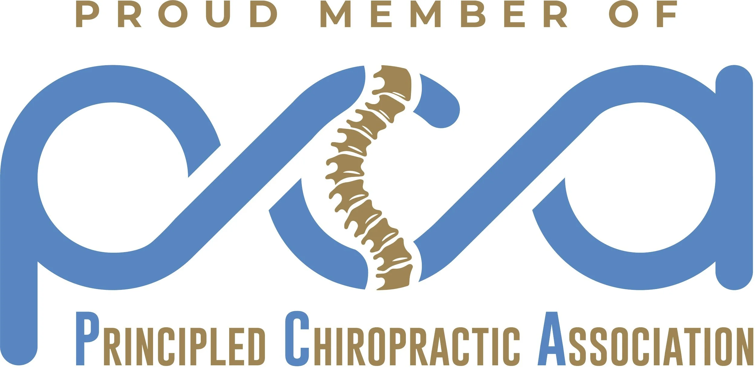 Logo of PCA, an organization dedicated to principled chiropractic care, featuring stylized blue and gold DNA helix with the text "PROUD MEMBER OF PCA PRINCIPLED CHIROPRACTIC ASSOCIATION."