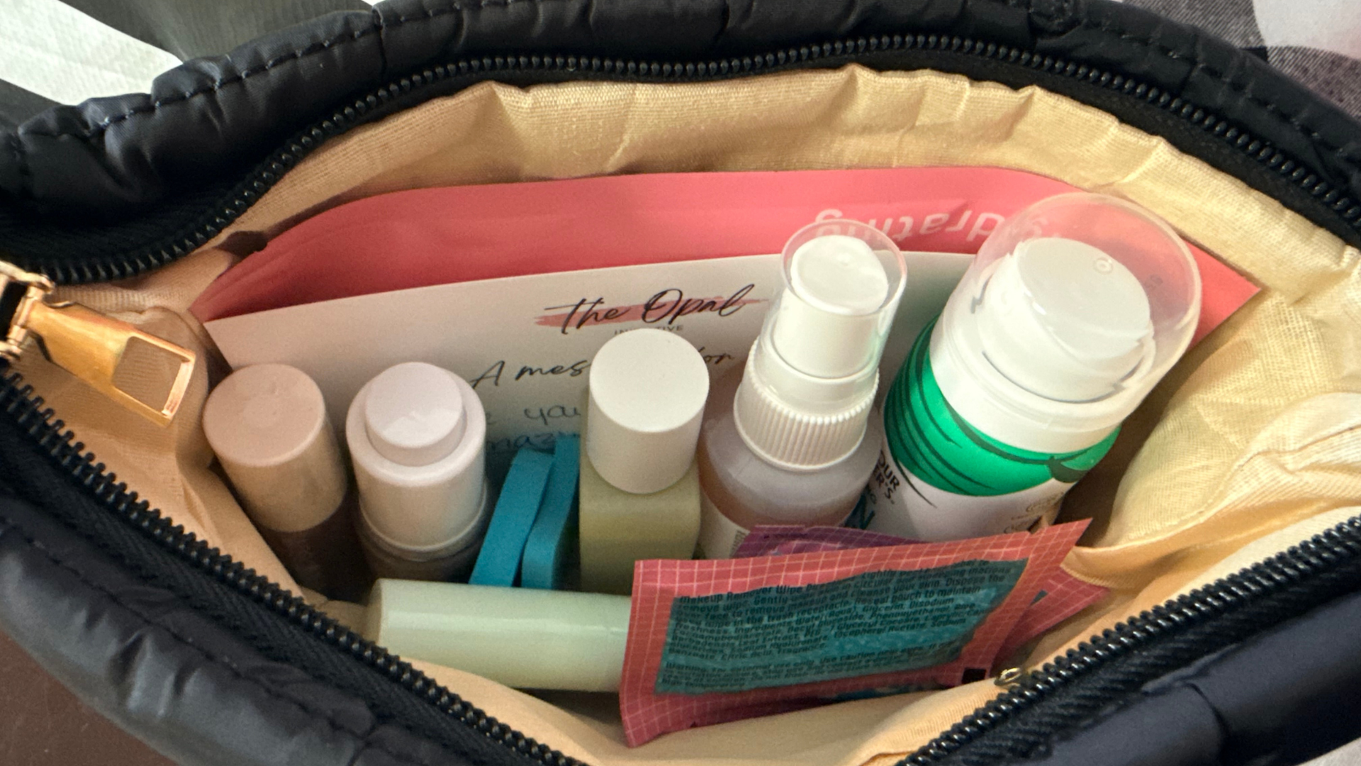 Inside a small black cosmetic bag with a gold zipper, containing various skincare and cosmetic bottles, tubes, and a makeup brush.