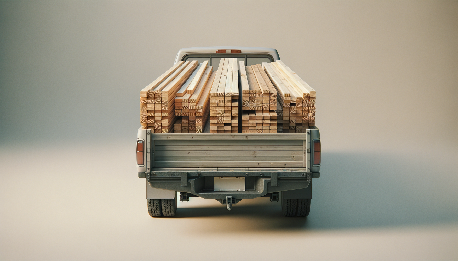 Rear view of a white pickup truck loaded with stacked wooden planks on its bed.