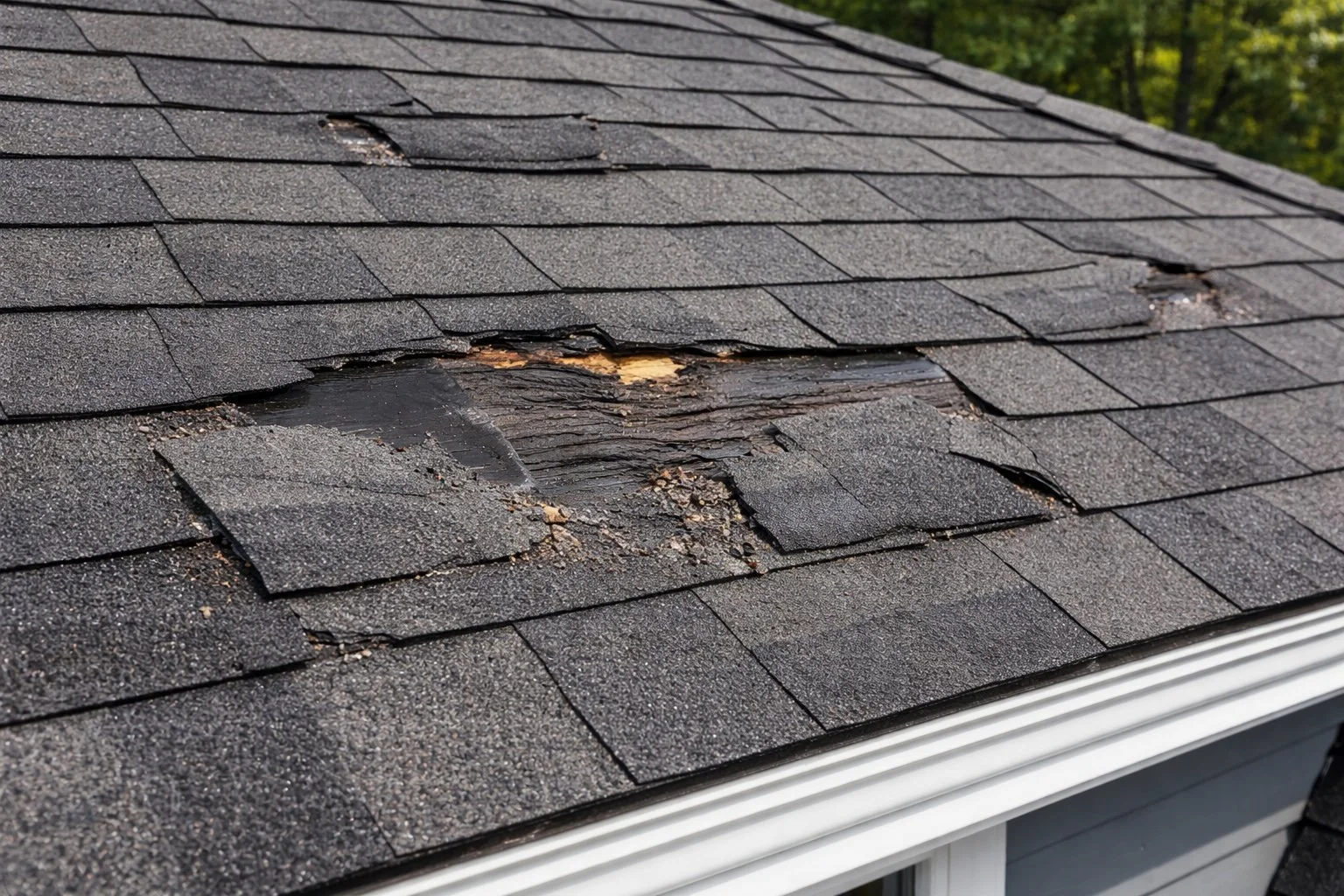 Damaged asphalt shingles on a roof with several holes and missing shingles.