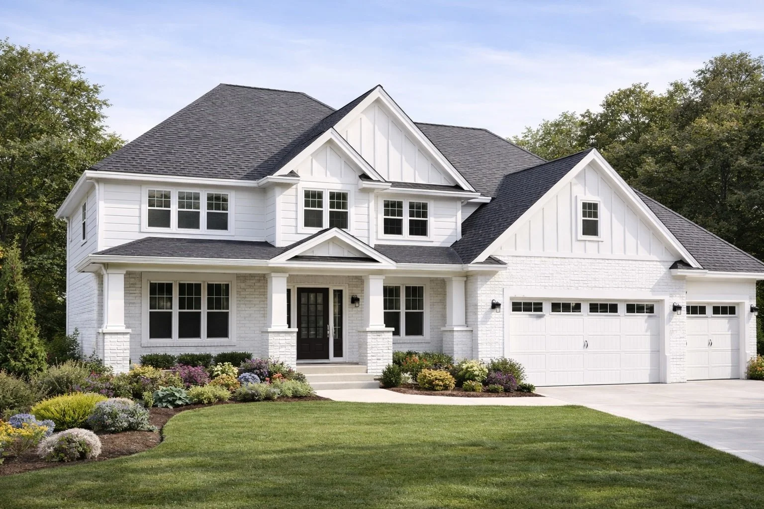 A two-story white modern suburban house with a landscaped front yard, black front door, and attached three-car garage.