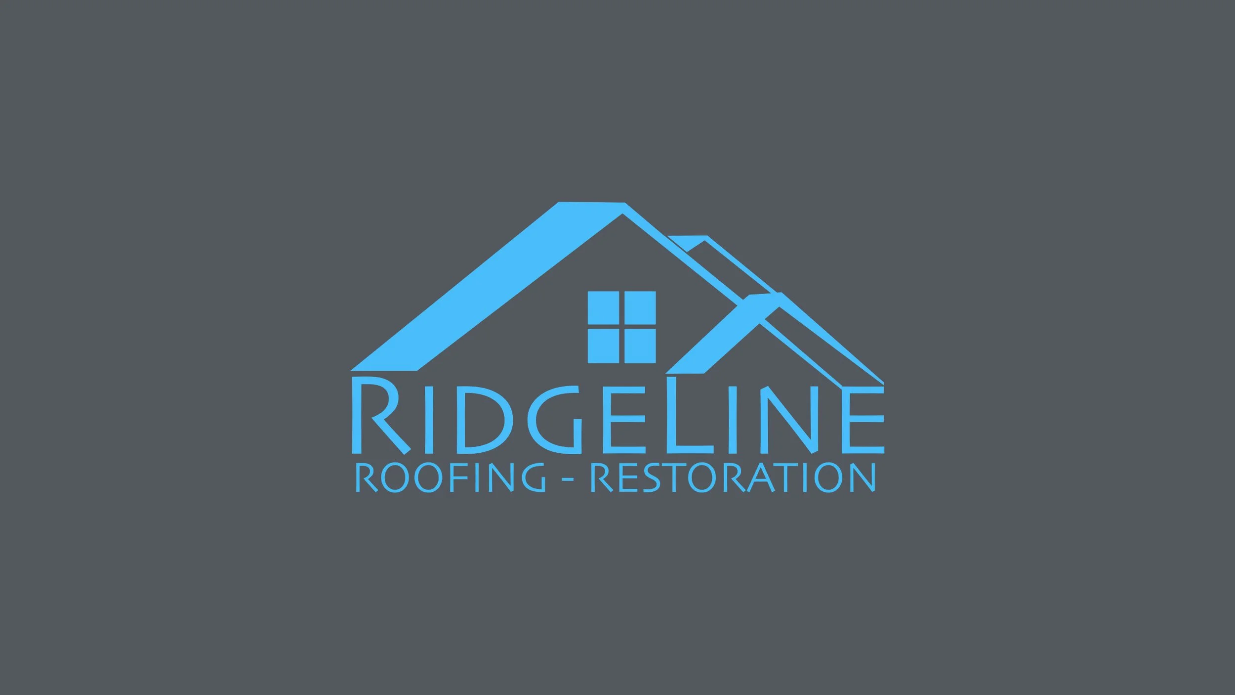 Logo for Ridgeline Roofing and Restoration featuring a stylized blue house with a roof and a window on a dark gray background.