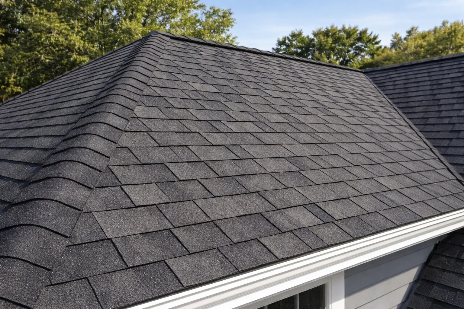 Close-up view of a house roof with black asphalt shingles and a white gutter, surrounded by green trees in the background.
