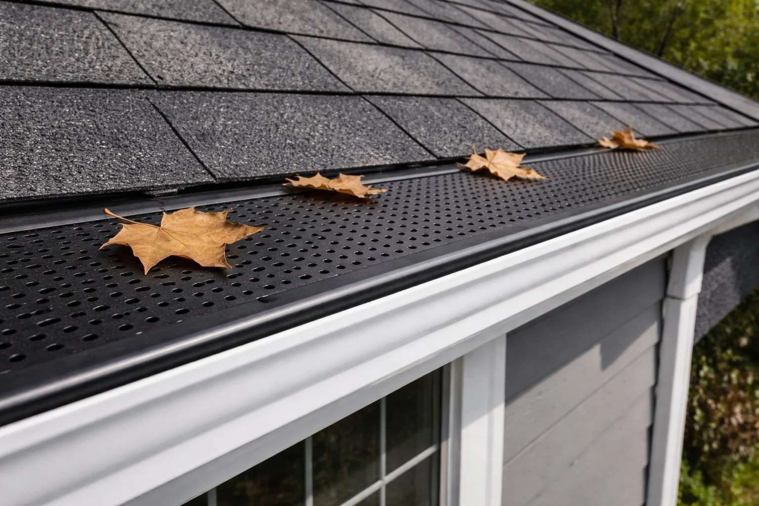 Close-up of a house roof's gutter with dried autumn leaves on it, showing shingles and window below.