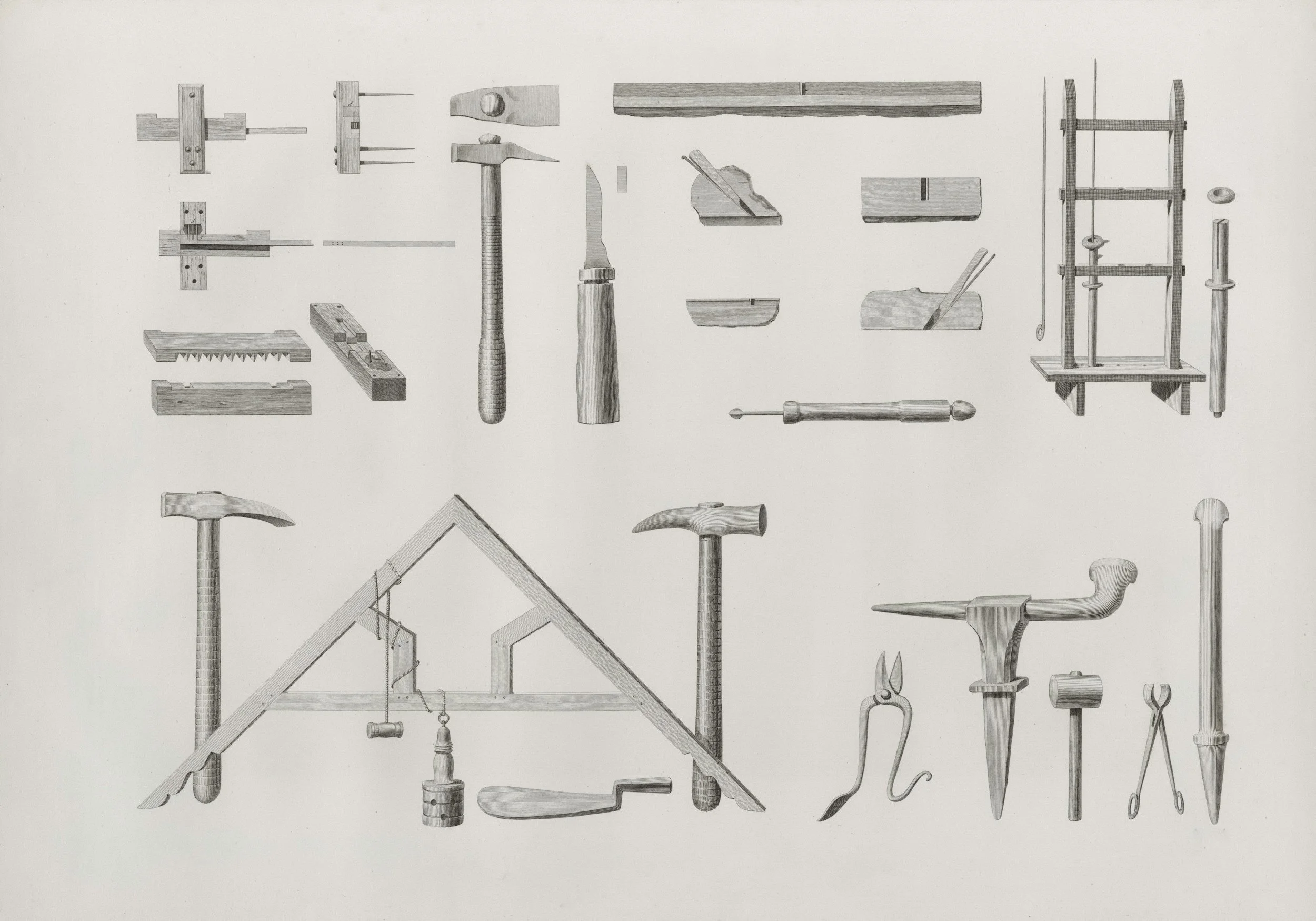 Various construction tool sketches over beige-tan background