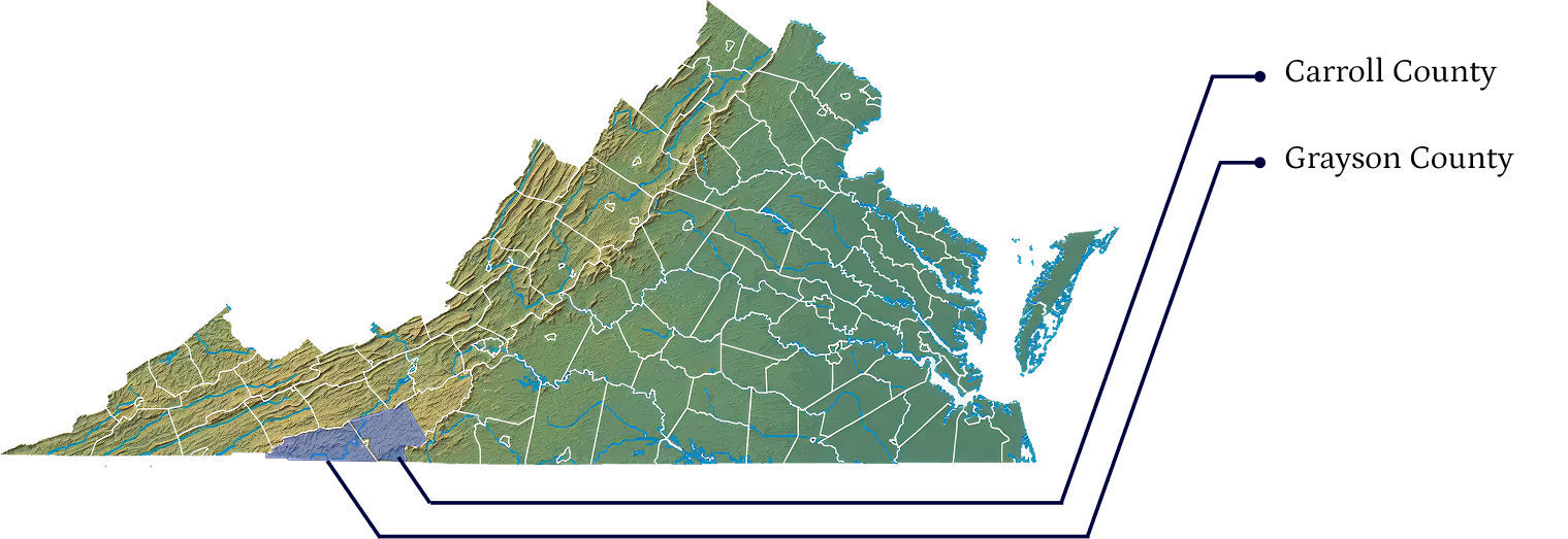 Image of the state of Virginia, separated by county line. Carrol County & Grayson County are highlighted blue as the two counties were Snider & Snider General Contractors operate in as of March 2026