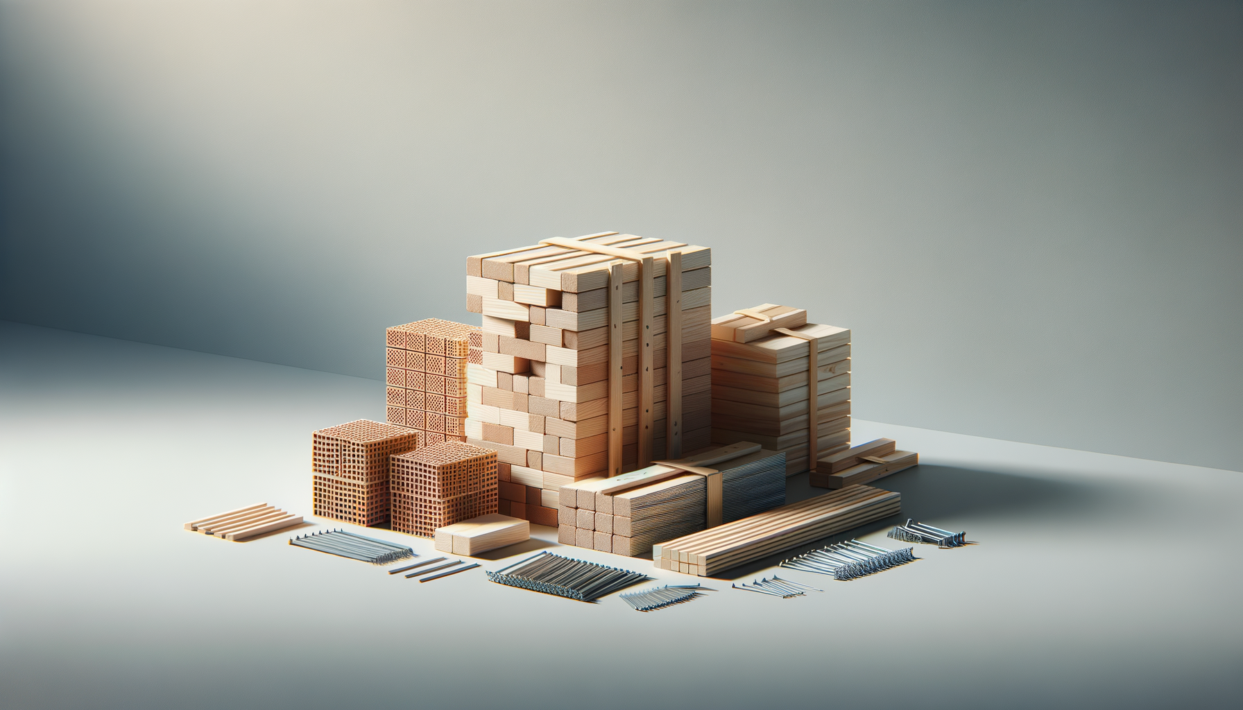Stacks of various types of construction materials including bricks, wooden planks, and metal nails arranged on a white surface with a plain background.