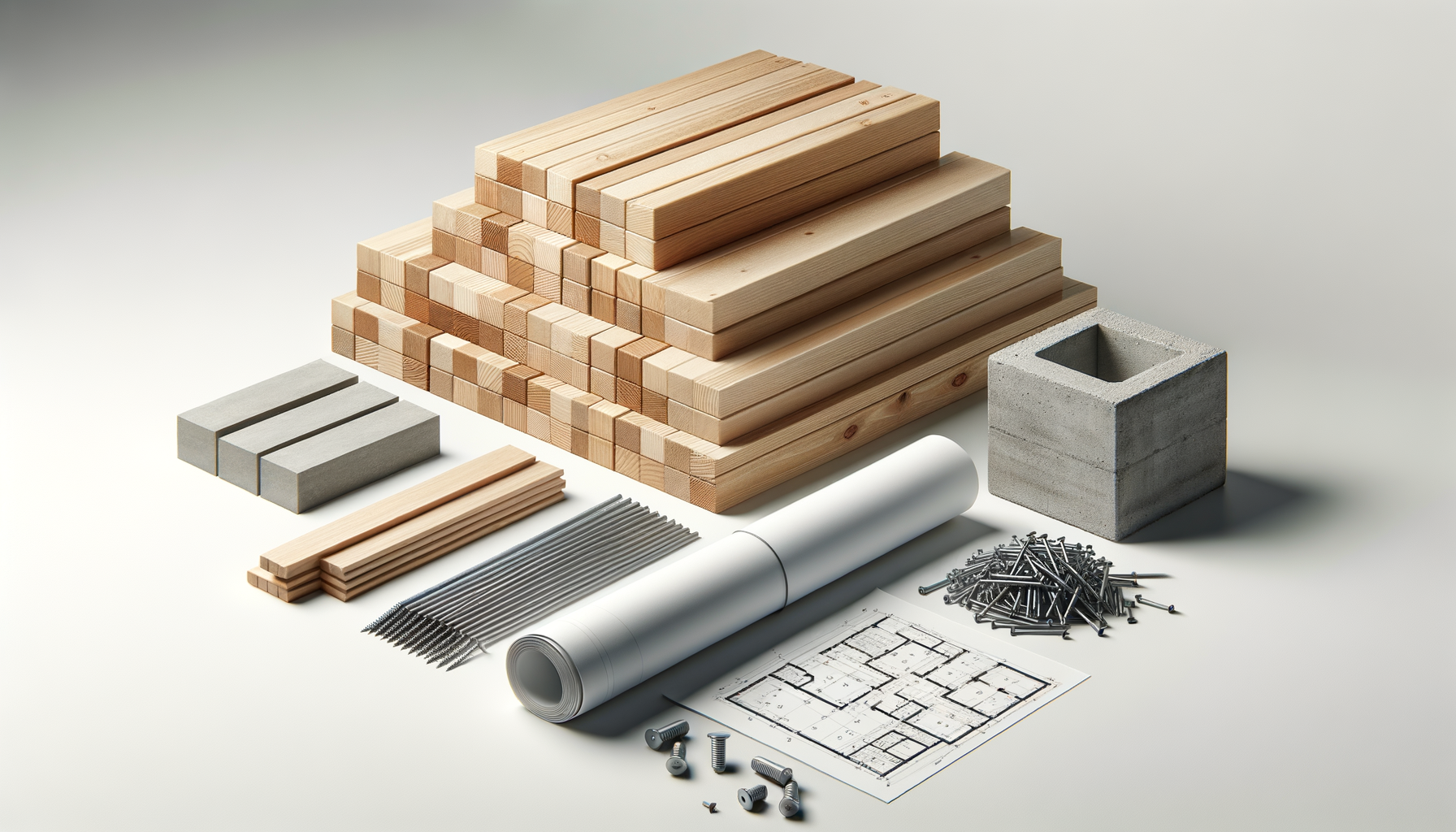 Construction tools and materials including wooden planks, concrete blocks, nails, screws, metal rods, a rolled-up blueprint, and a floor plan drawing on a white surface.