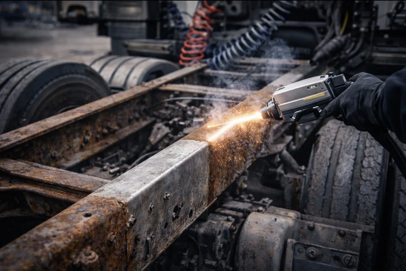Laser cleaning removing rust from a semi truck frame during industrial fleet maintenance