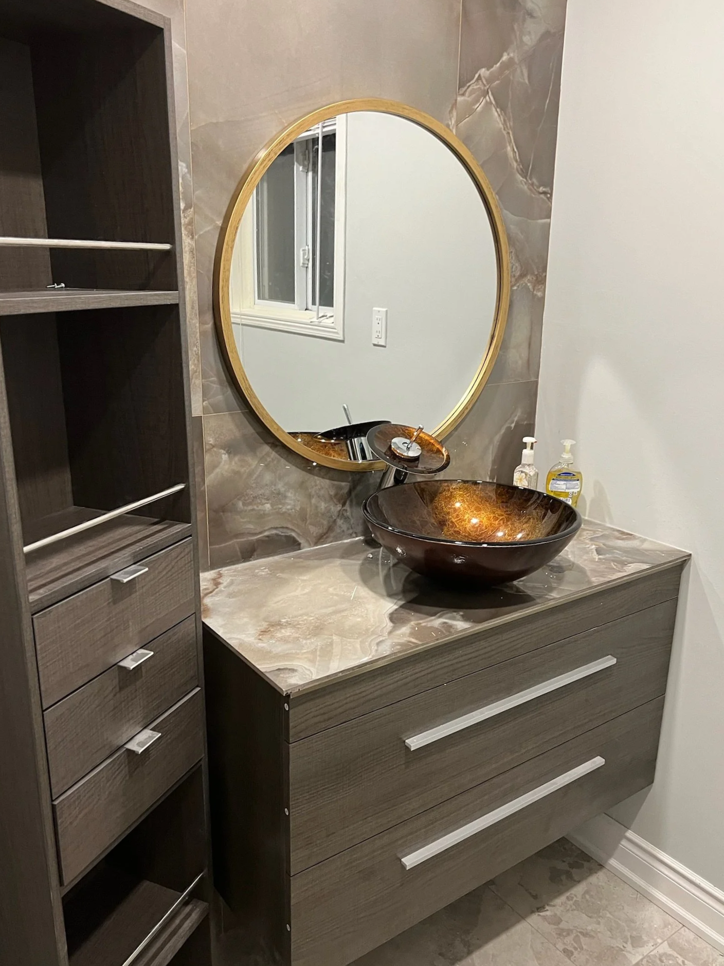Beautiful grey marble bathroom with natural light