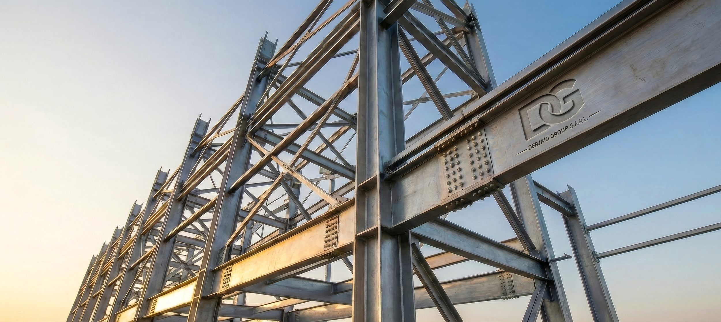 Close-up of a metal construction structure with a clear sky in the background.