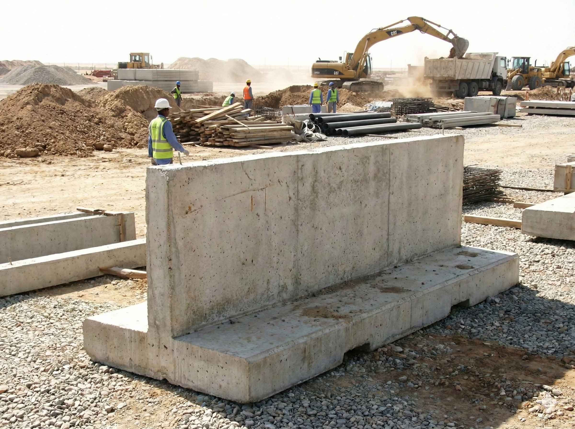 Construction site with workers in safety vests and helmets, heavy machinery, and concrete barriers under a clear sky.