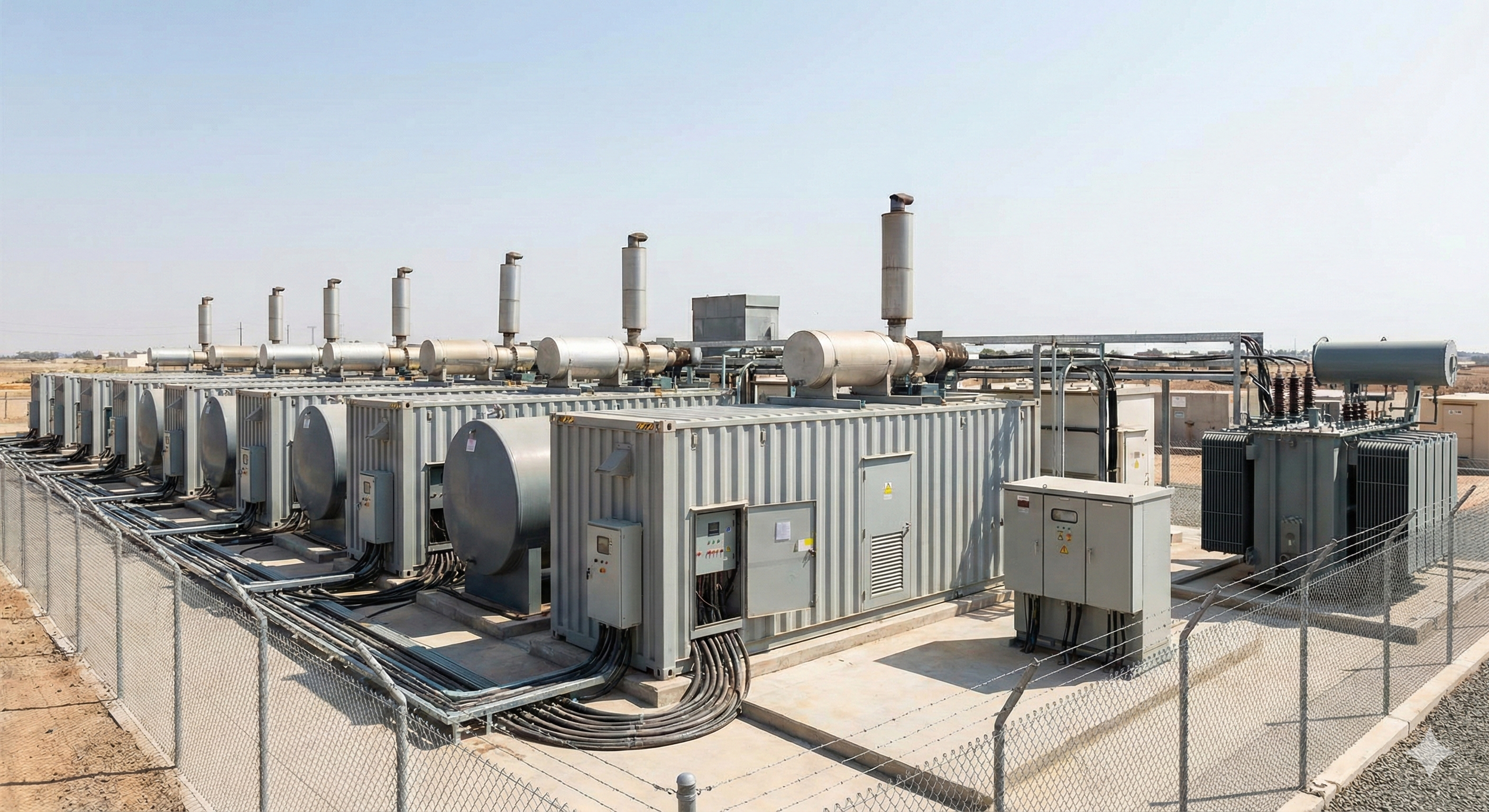 Industrial electrical equipment with transformers and ventilation pipes outside in a fenced area.