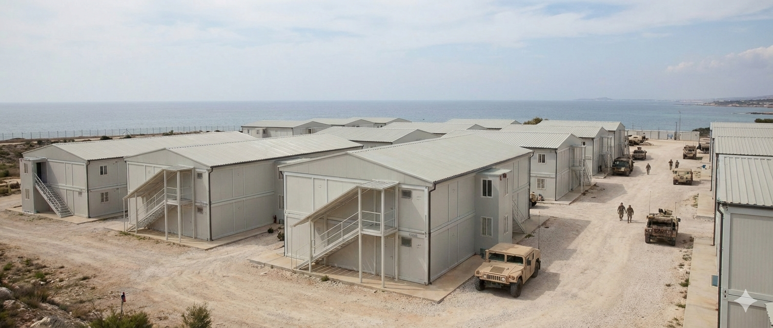 A military base with beige buildings and military vehicles near the coast, with a view of the ocean in the background.