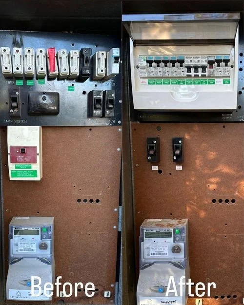 Side-by-side comparison of electrical panels with meters, switches, and circuit breakers, labeled 'Before' and 'After'.