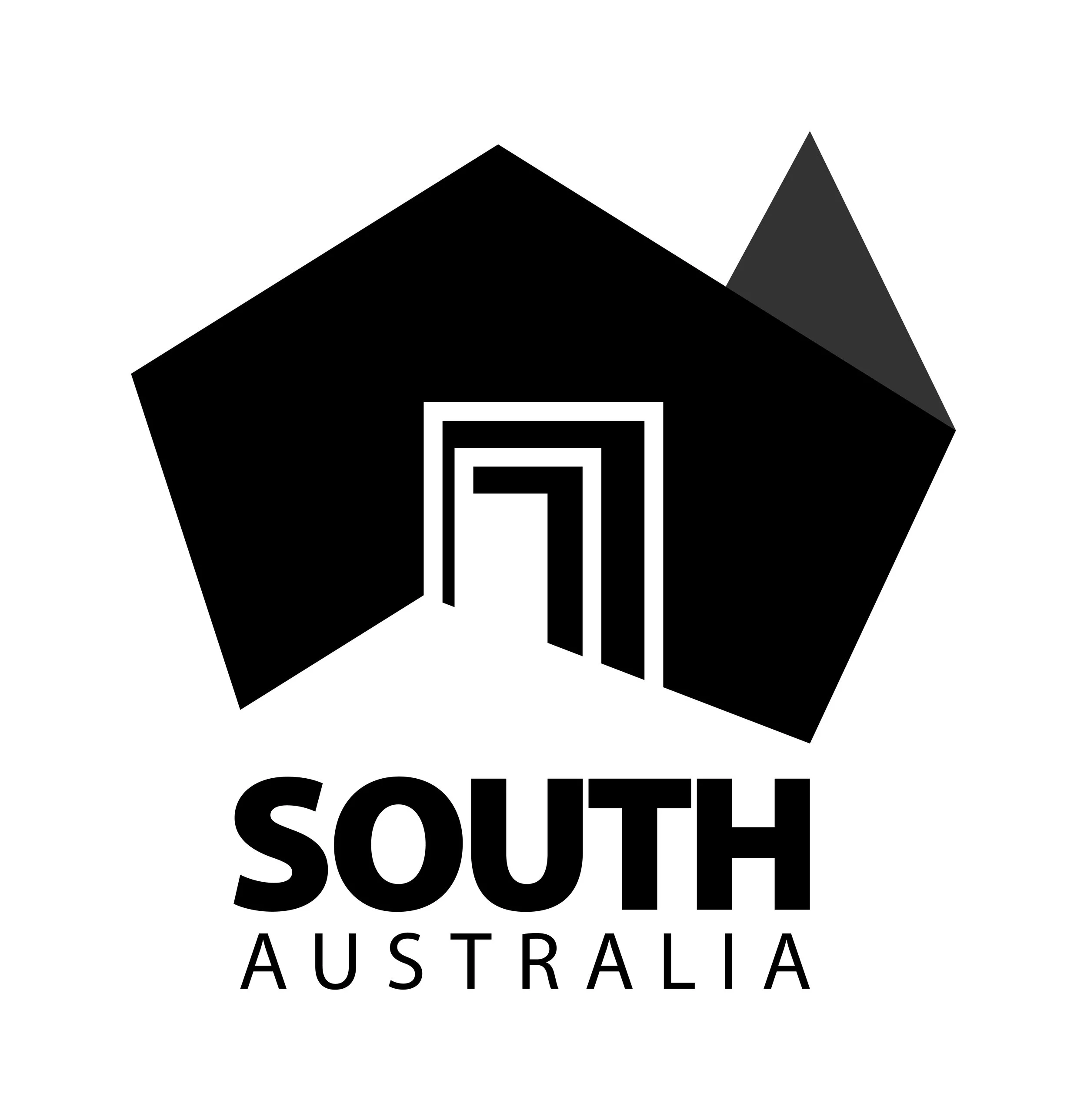 Black and white logo of a mountain with a stylized doorway in front, and the words "South Australia" underneath.