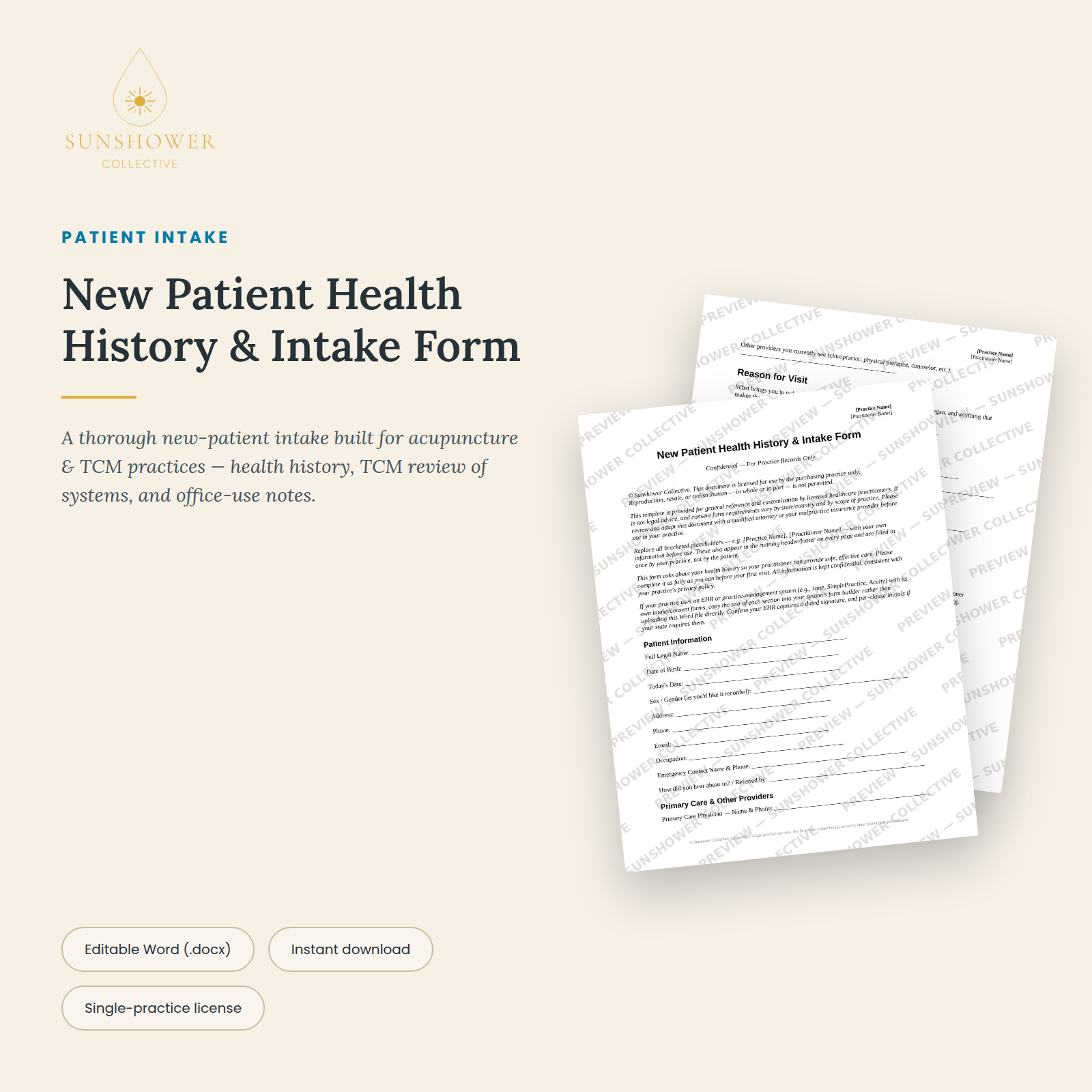 New Patient Health History & Intake Form — Editable Word Template