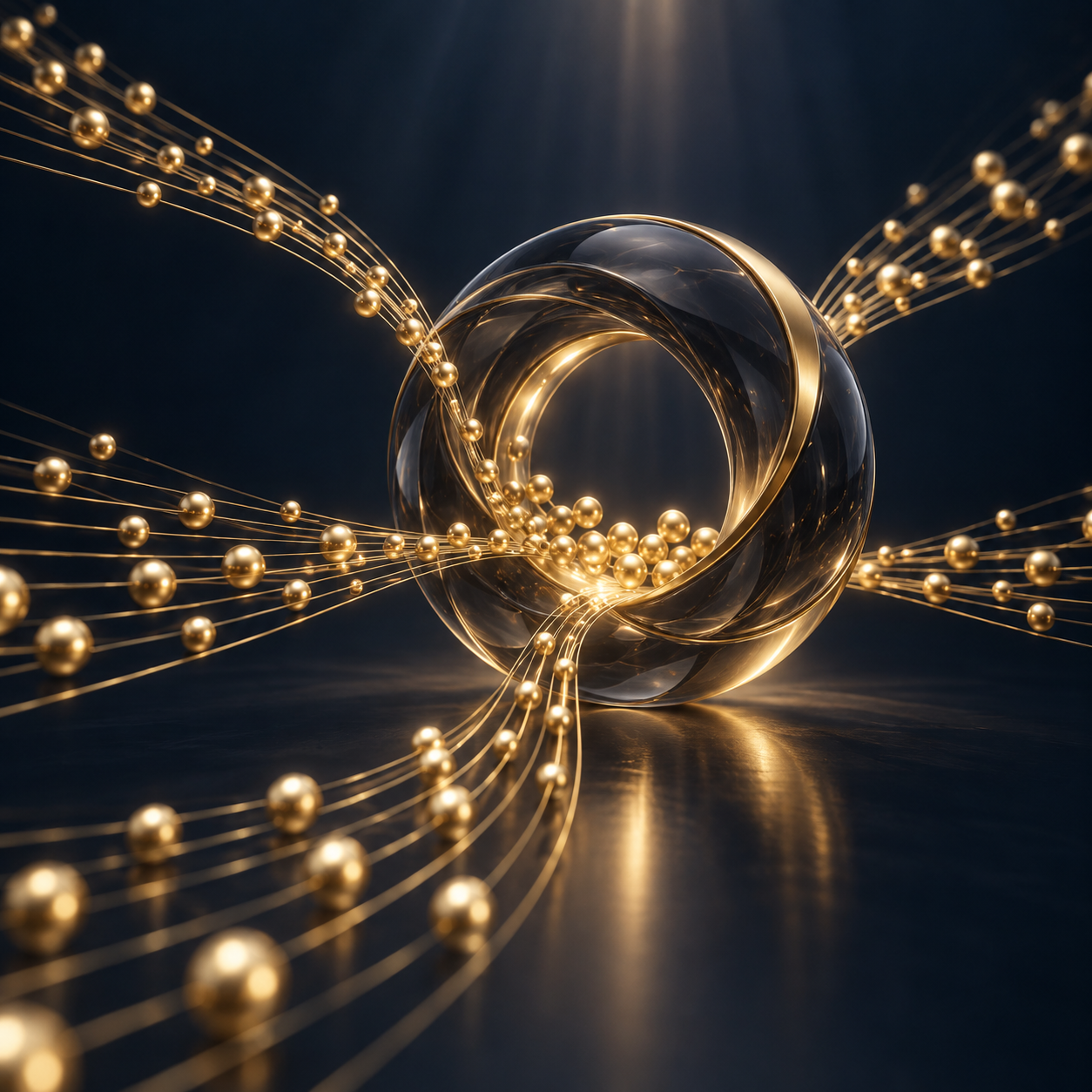 Gold pathways connecting through a glass ring, representing lead generation and automated follow-up